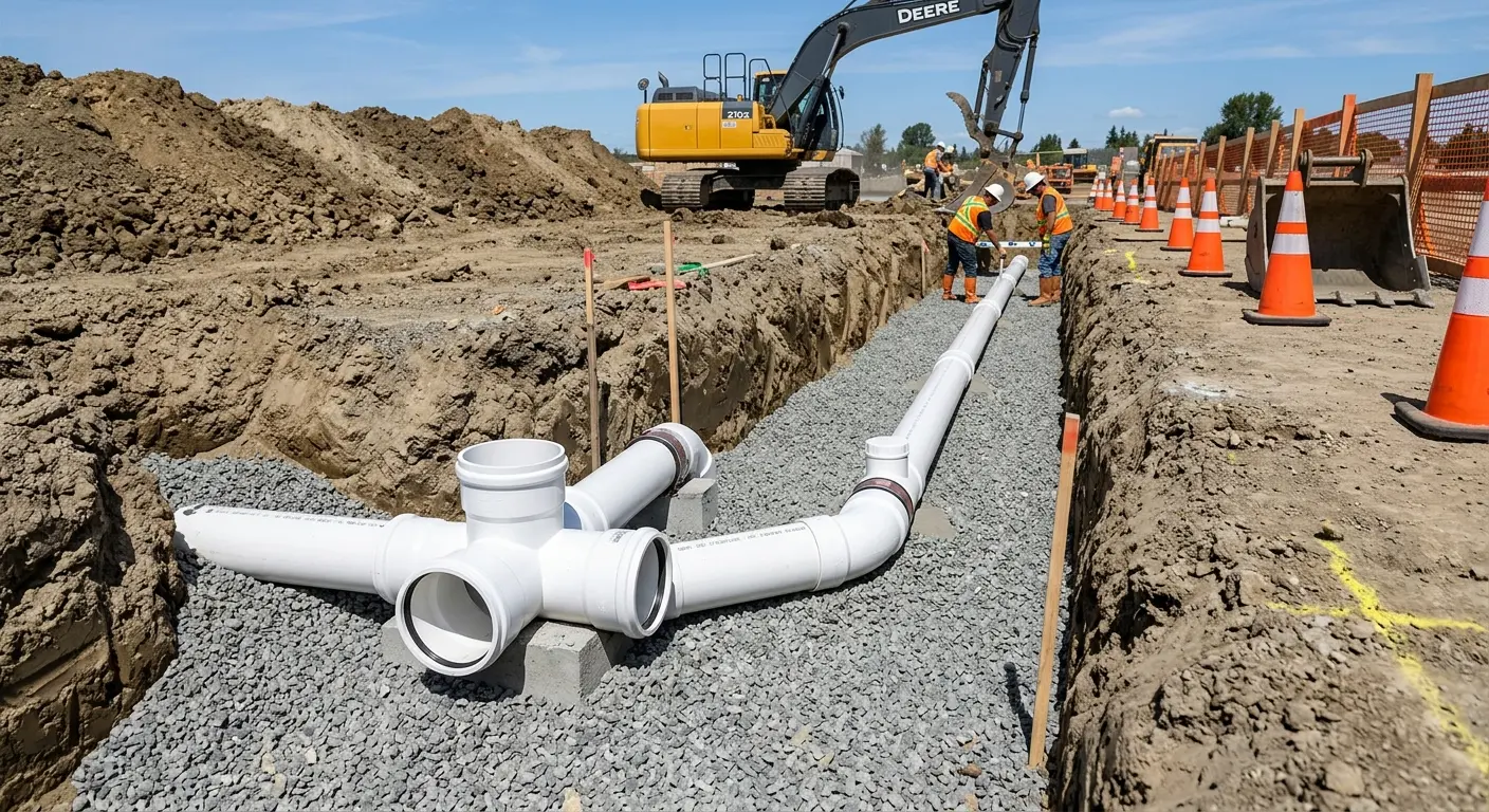 New PVC sewer pipe installation in open trench for Sewer Backup in Torrance