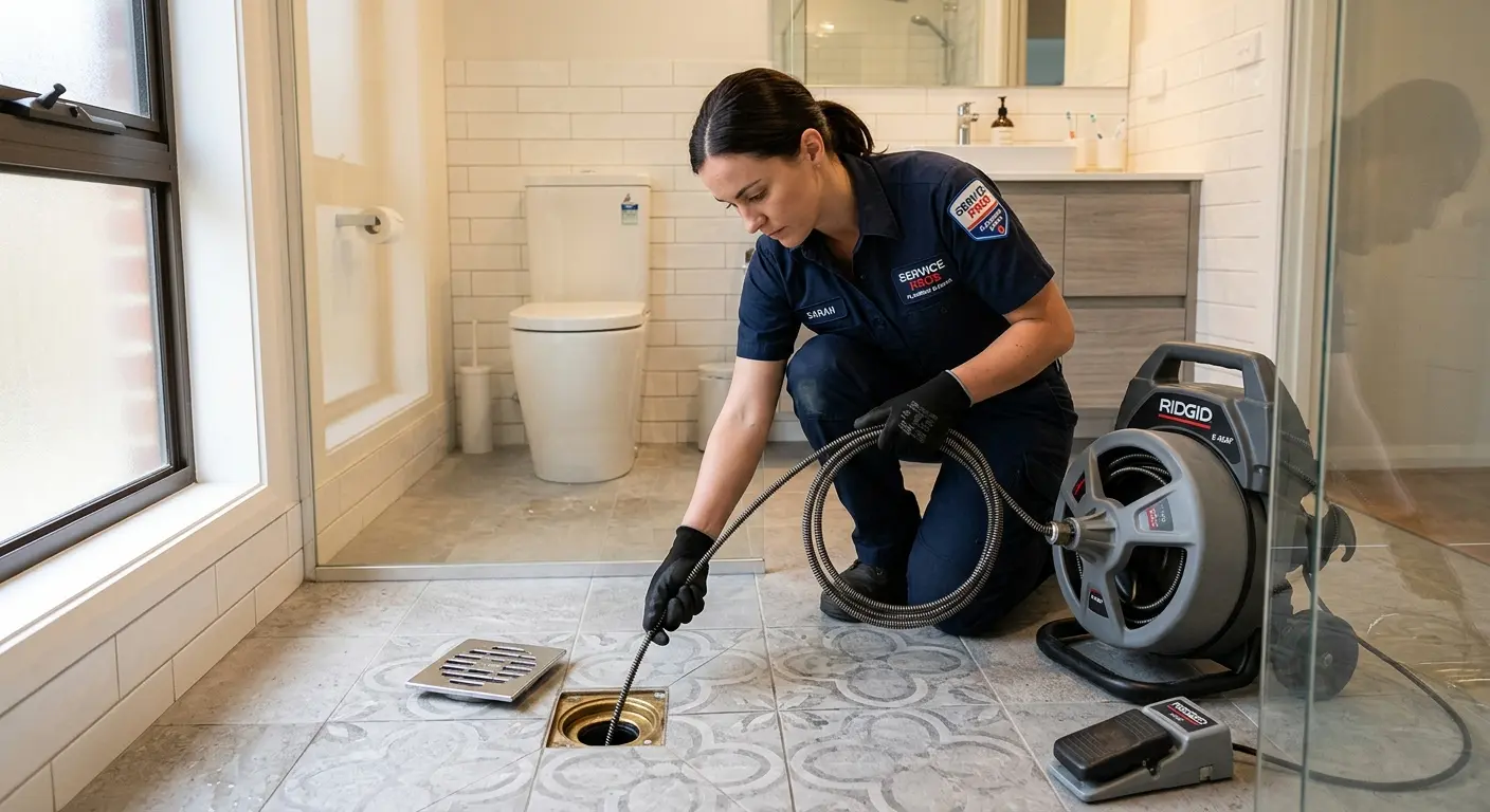 Technician clearing a bathroom floor drain for Hydro Jetting in Torrance